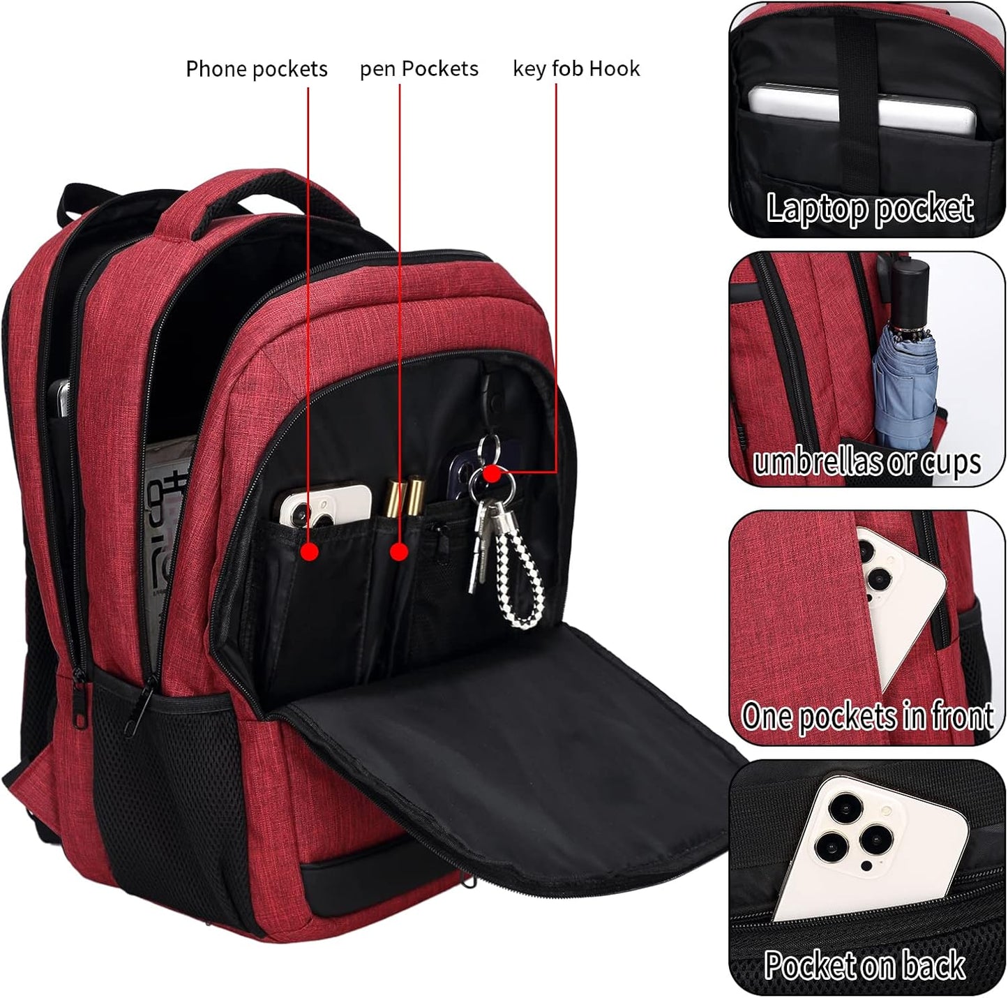 QINOL Red Travel Laptop Backpack with USB Charging Port