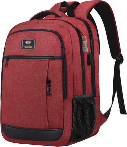 QINOL Red Travel Laptop Backpack with USB Charging Port