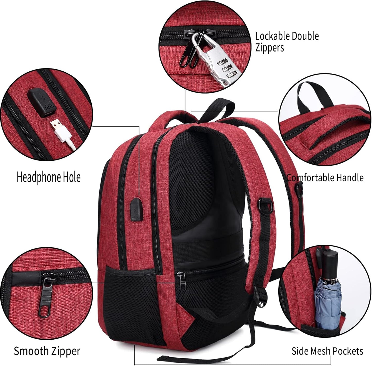 QINOL Red Travel Laptop Backpack with USB Charging Port