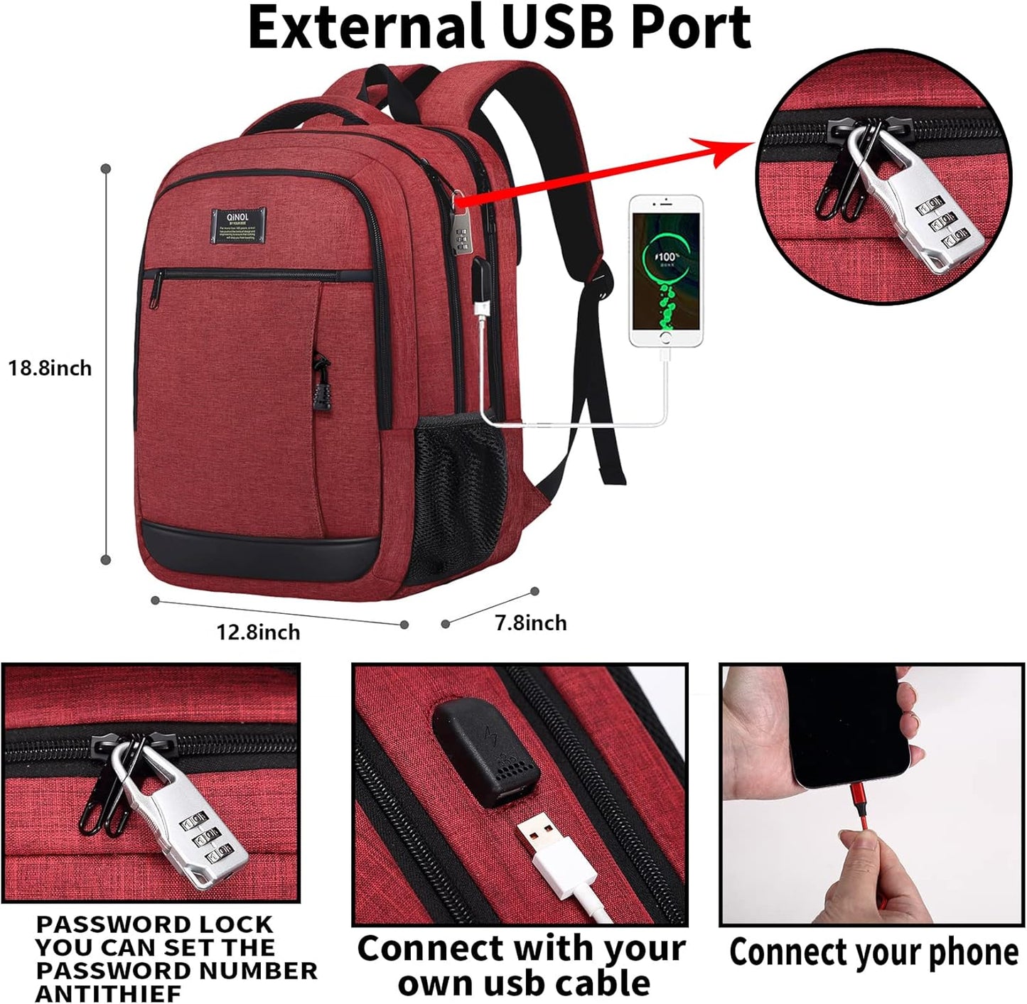 QINOL Red Travel Laptop Backpack with USB Charging Port